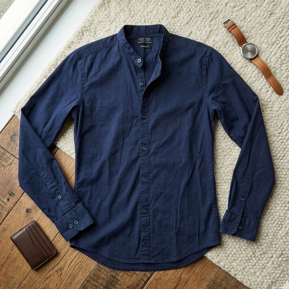 Zara Man Navy Super Slim Fit Powerstretch Mandarin Collar Shirt - Small